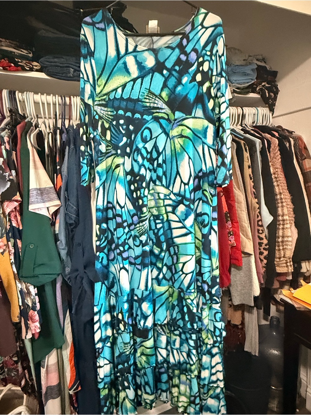Women’s Blue & Teal Maxi Dress with Abstract Butterfly Print